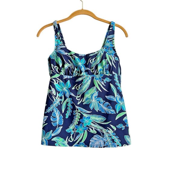 Lands' End Women's Sz 6 Tankini Swim Top Blue Green Tropical Print Underwire Bra - Picture 1 of 11